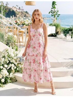 Floral Pink Tiered Midi Dress - Women 16